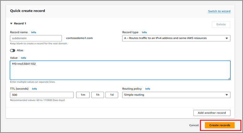 Screenshot of where you select Create records to add a domain verification TXT record.