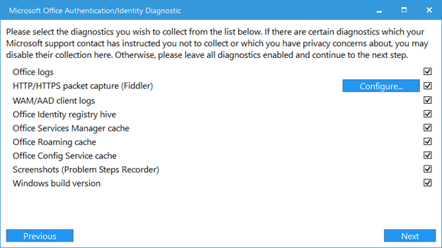 Screenshot of the Microsoft Office Authentication/Identity Diagnostic window that lists the diagnostic categories.
