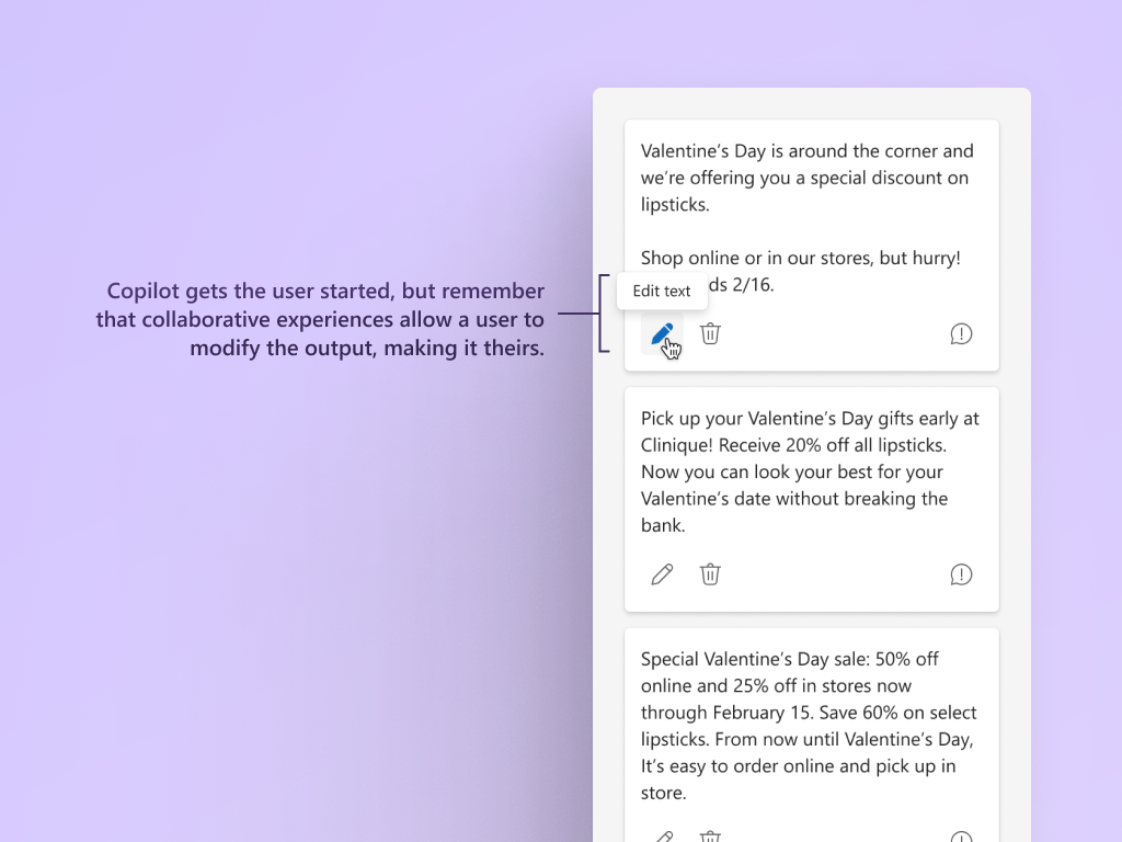 Screen shot that shows where to click within a copilot dialogue box to edit an output.