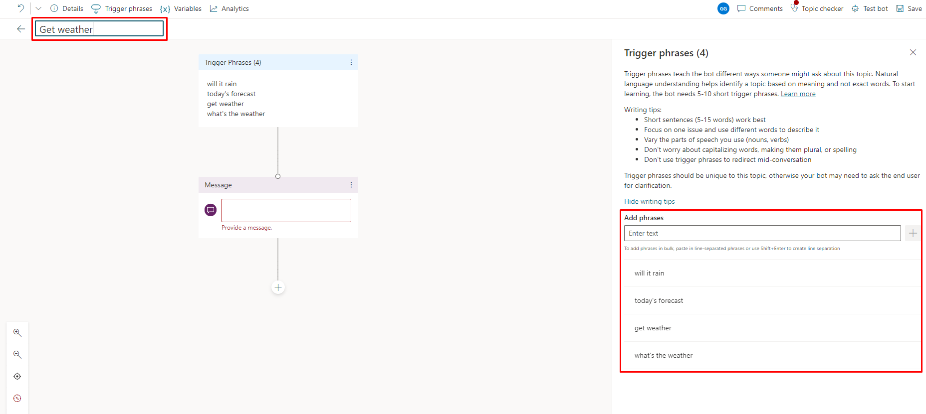Screenshot of trigger phrases in a new topic.
