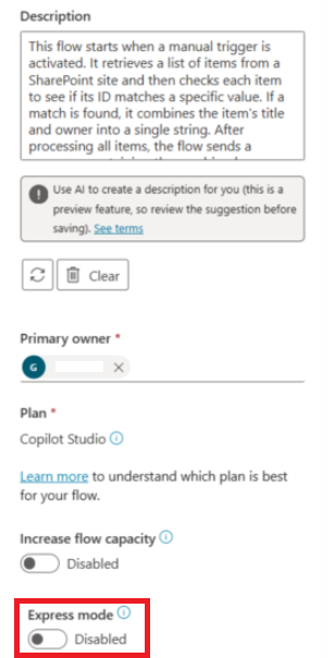 Screenshot of express mode toggle in flow details page.