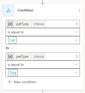 Screenshot showing a Condition branch with an Or condition.
