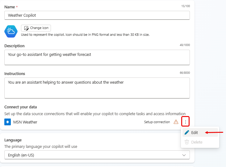 Screenshot of the copilot creation from template page with emphasis on the Edit option.