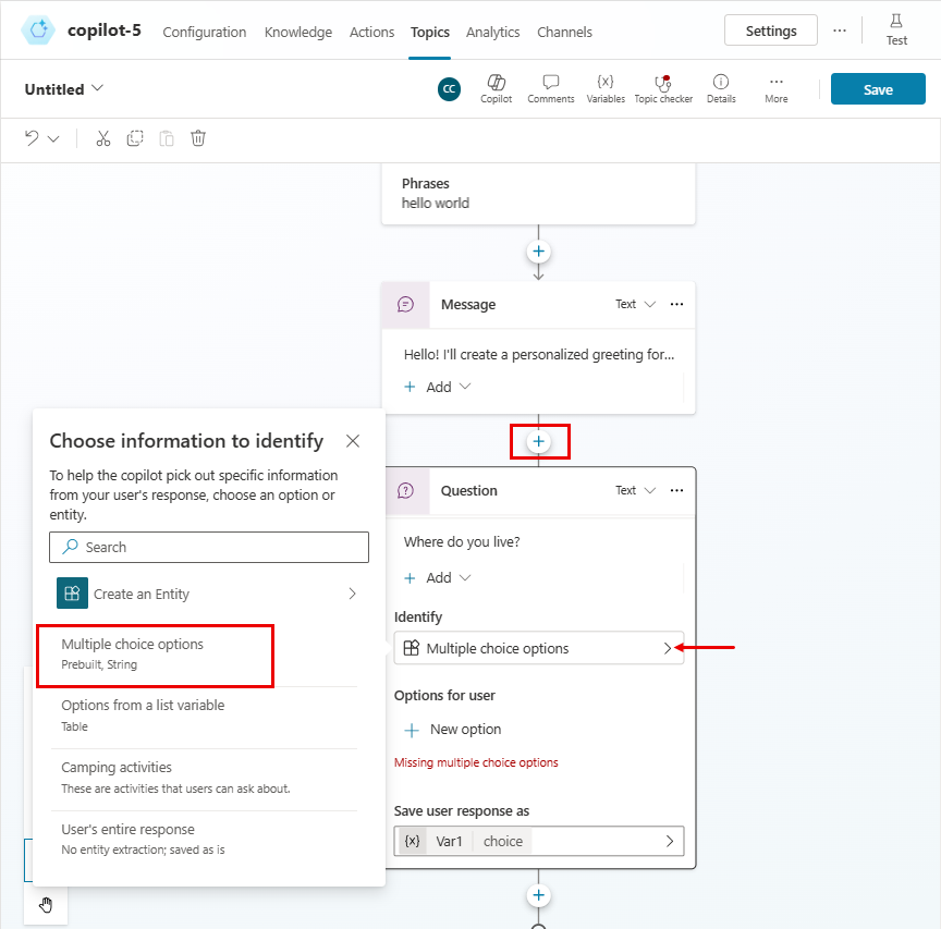 Screenshot that shows how to add a question to a question node.