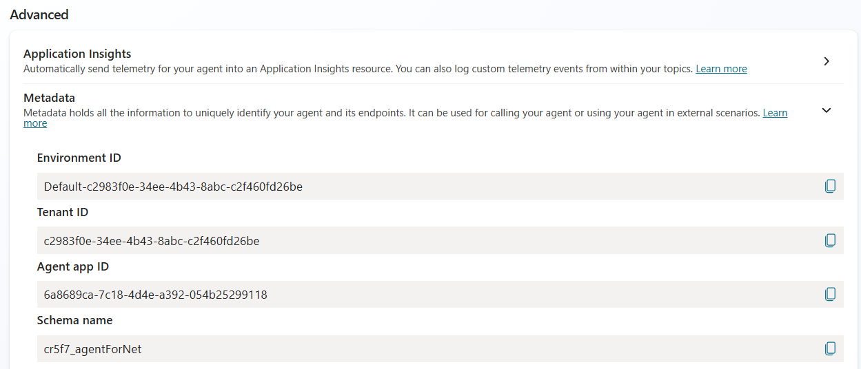 Screenshot of the Advanced settings page showing environmentID and schema name for the agent.