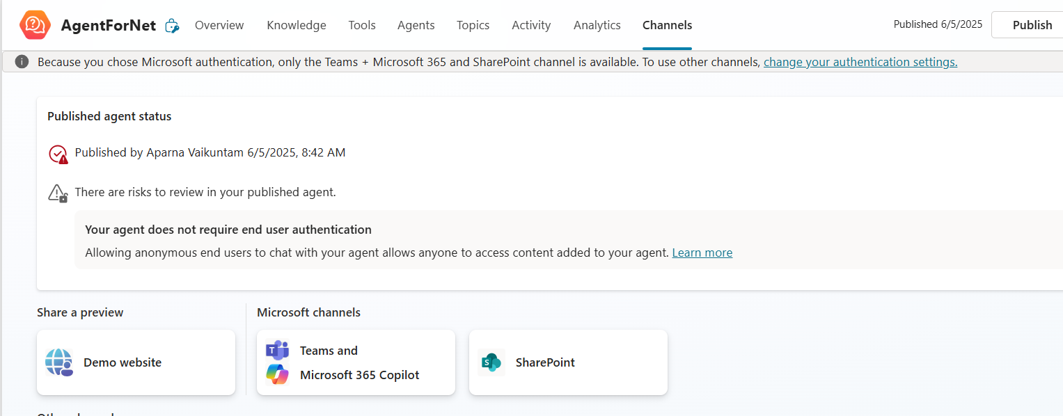 Screenshot of the Channels page for the agent showing review recommended due to No authentication selection.