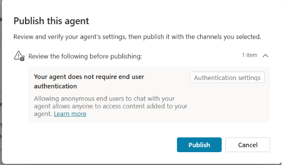 Screenshot of the publish confirmation screen for the agent in Copilot Studio.