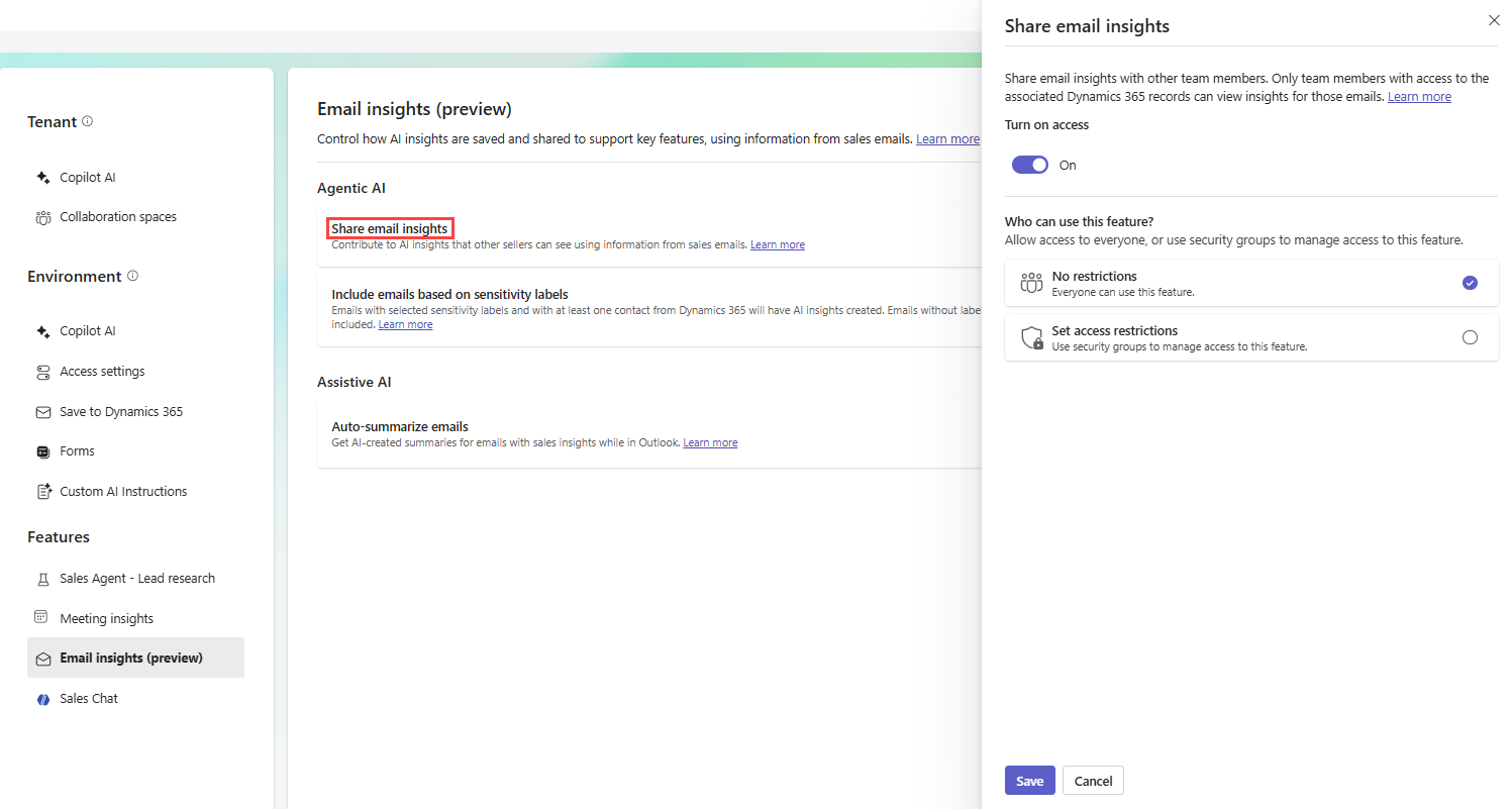 Screenshot showing email insights sharing settings.