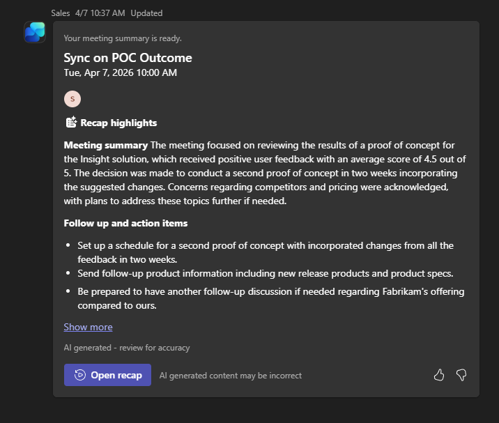 Screenshot of the post-meeting summary card