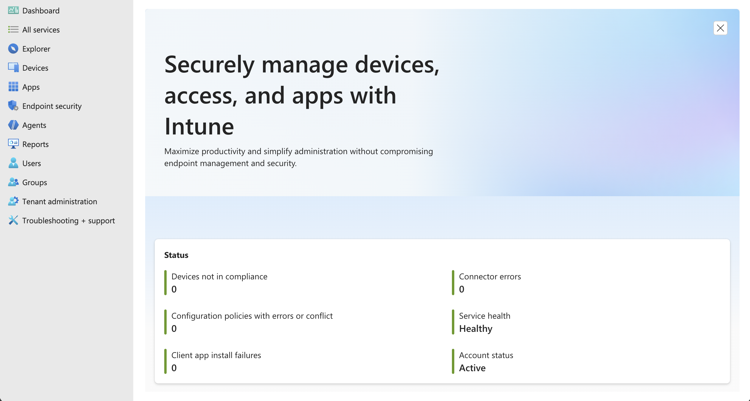 Screenshot of the Microsoft Intune admin center home page after sign-in.