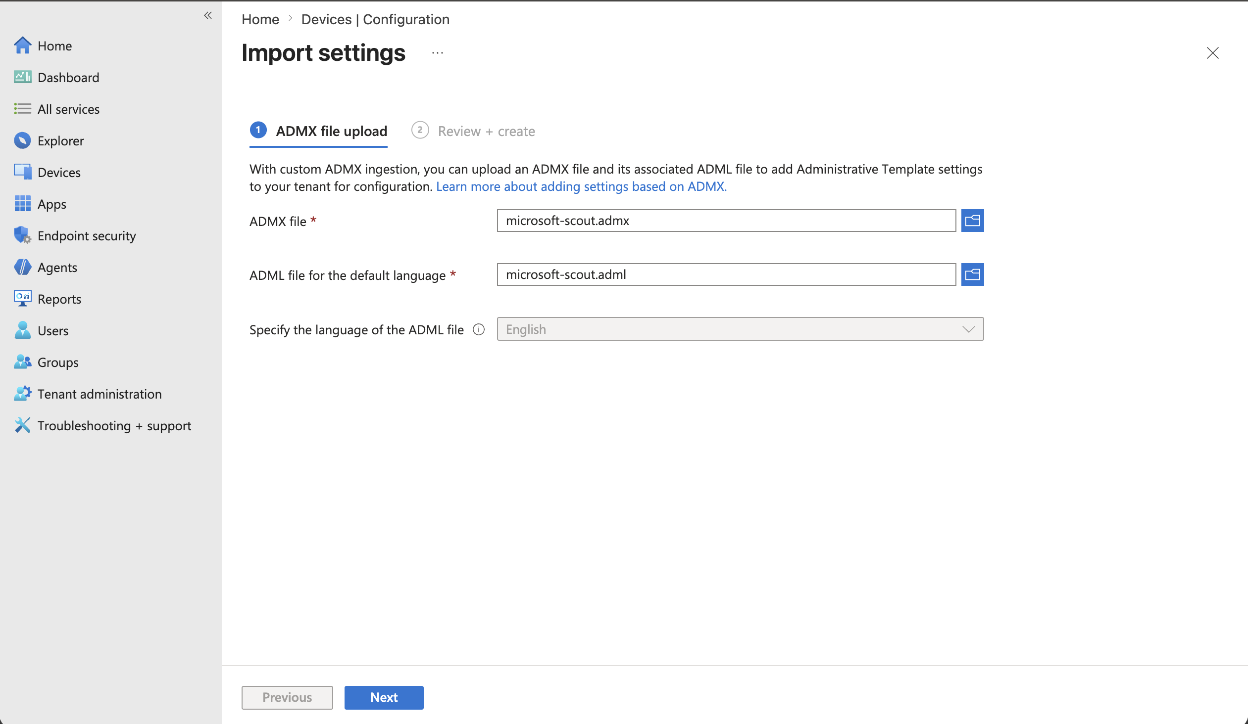 Screenshot of the Intune Import ADMX page with the microsoft-scout ADMX and ADML files selected for upload.