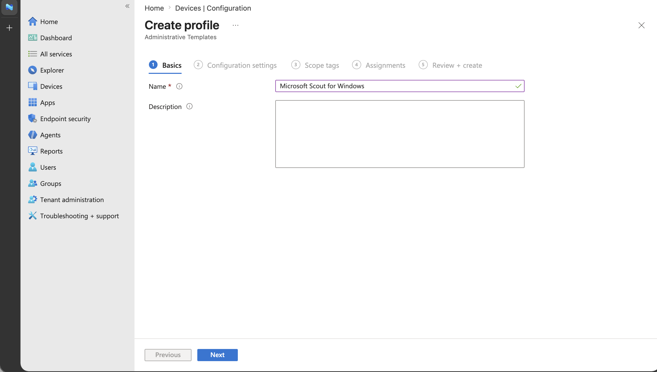 Screenshot of the Basics page for the Windows policy with the name Microsoft Scout - Frontier access entered.