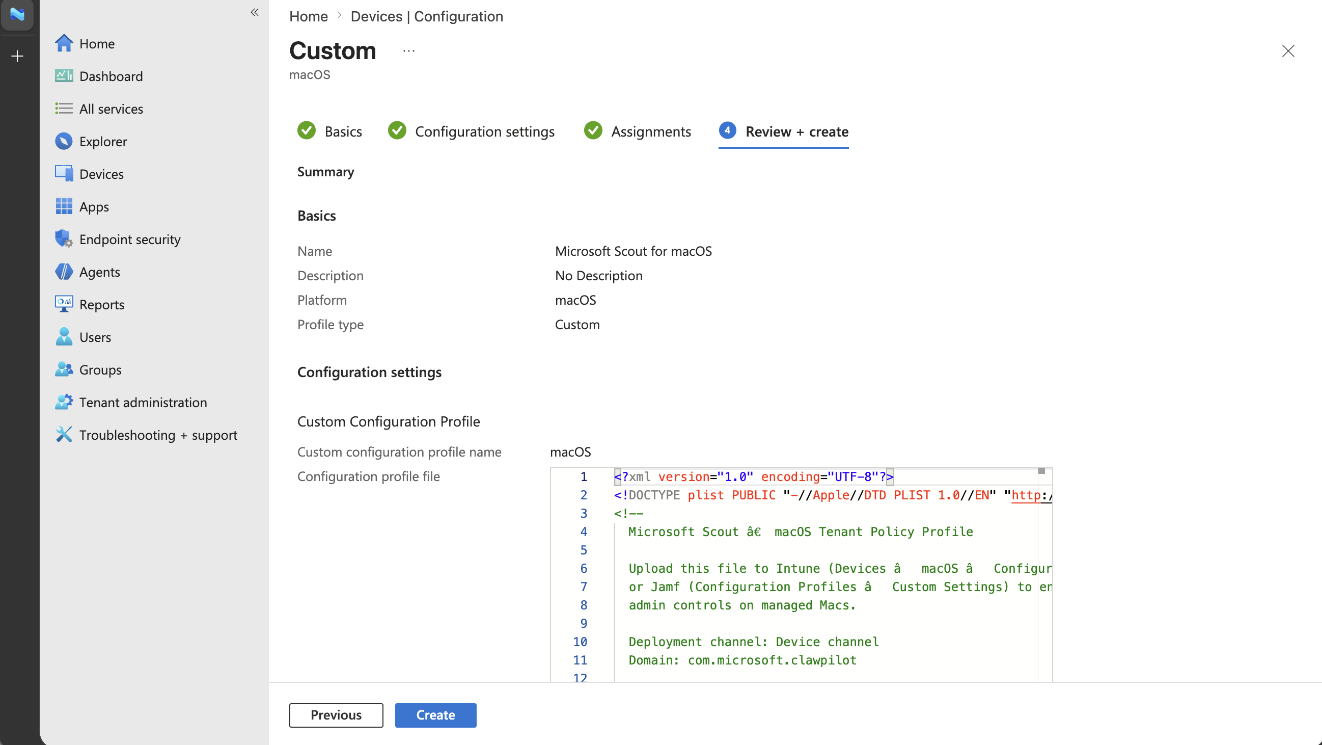 Screenshot of the Review and create summary for the Microsoft Scout macOS custom profile.