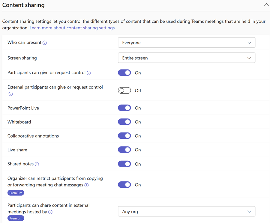 Screenshot of Teams meeting content sharing policies in the Teams admin center.