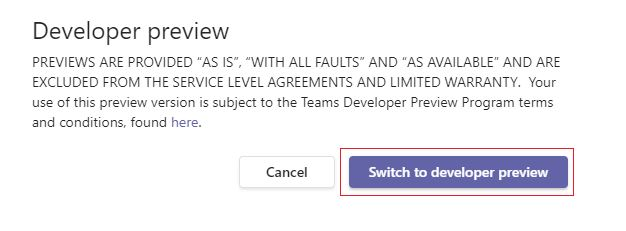 Screenshot of Developer preview with Switch to developer preview highlighted in red.