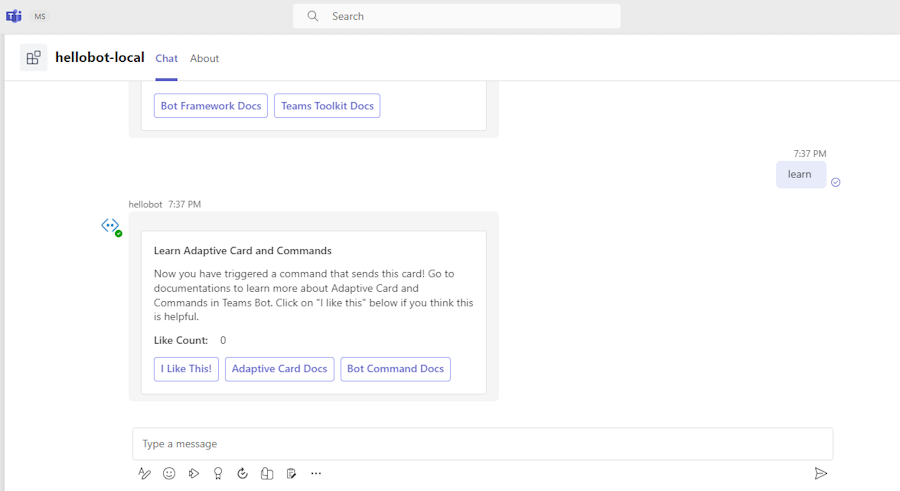 Screenshot shows the learn card in the bot on Teams client.