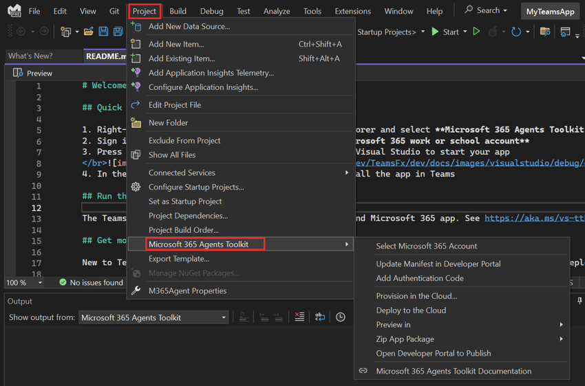 Screenshot shows the Agents toolkit project menu.