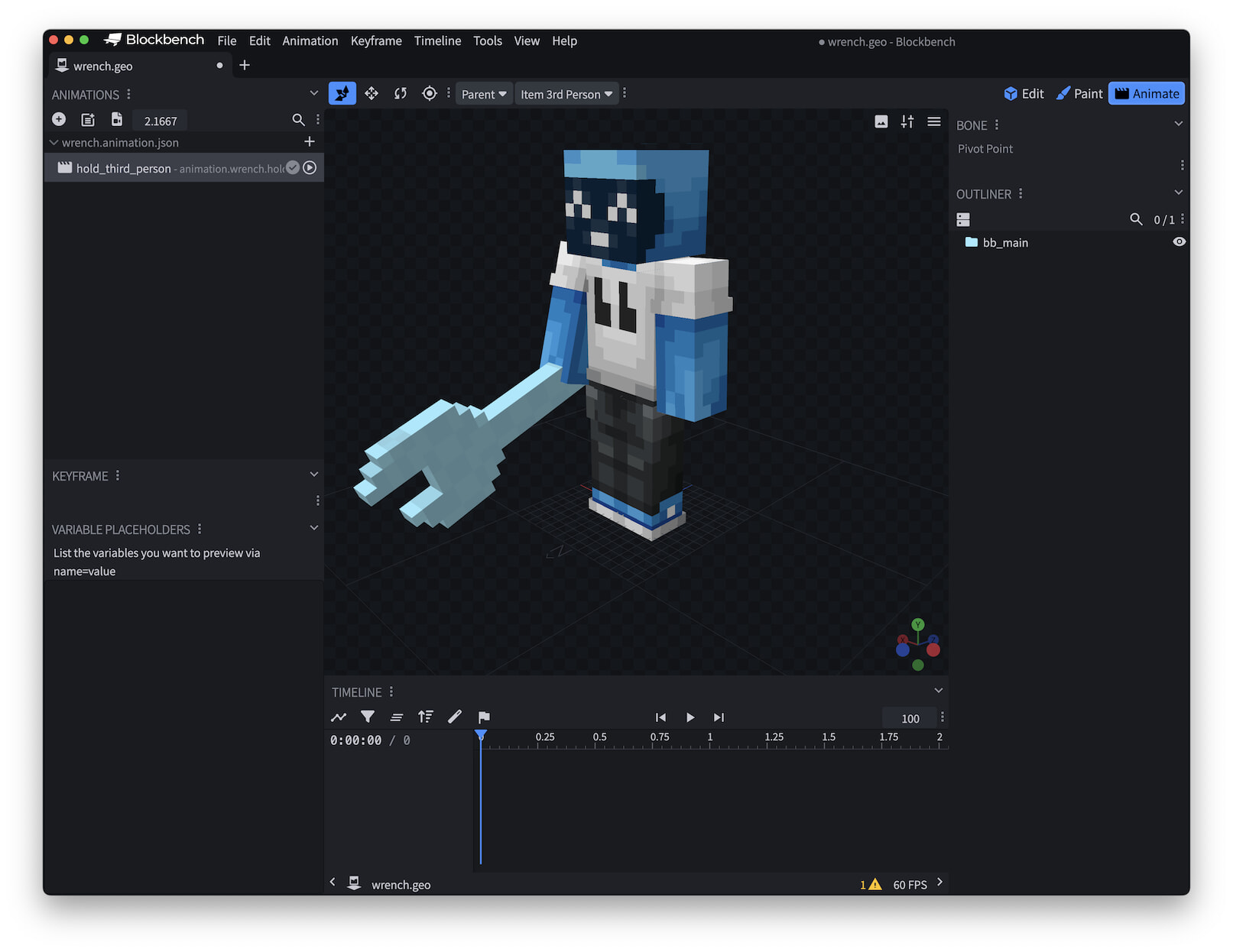 The wrench in third-person animation mode.