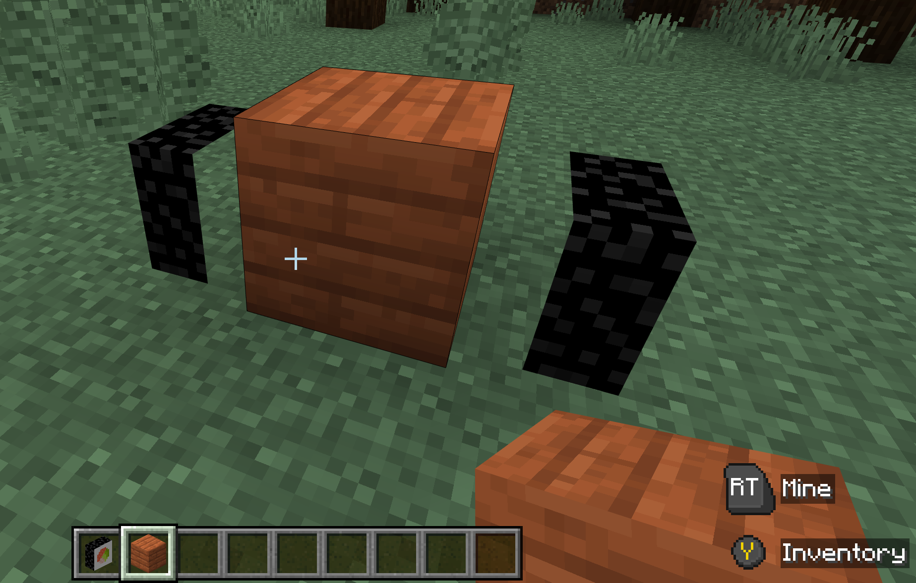 Image of an acacia planks block between 2 tuna rolls - culling has occurred and only the seaweed wrap remains. Wow!