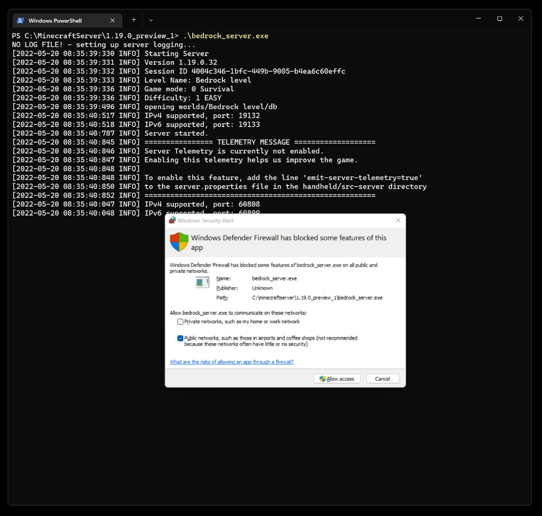 Initial firewall permissions when starting Dedicated Server on Windows