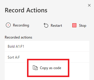 The Action Recorder task pane with the 'Copy as code' button highlighted.