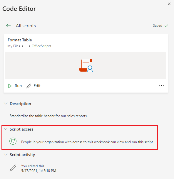 The script details page showing the 'Share with others in this workbook' option.