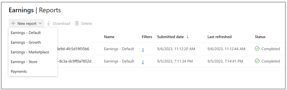 Screenshot shows the Earnings Reports screen, with the New report dropdown open. The dropdown shows several report options.