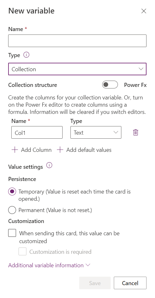 Screenshot of the how to toggle between JSON and Power Fx for setting the variable default value.