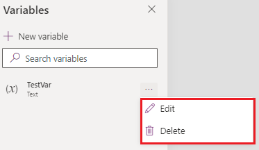 Screenshot of the Edit and Delete variable options in the card designer.