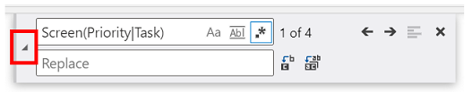The Collapse Replace Mode icon on the left hand side of the Find and Replace control, before the text input areas