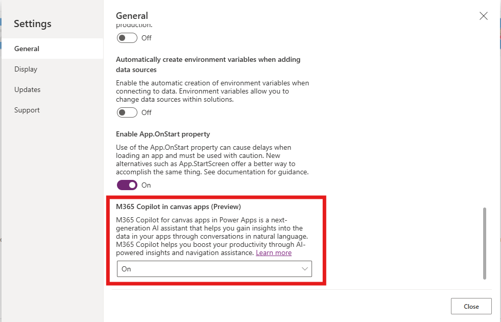 Screenshot that shows how to turn Microsoft 365 Copilot on or off in a canvas app.