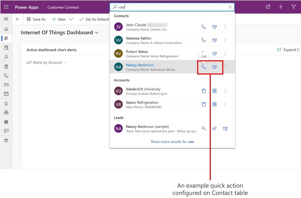 An example quick action configured on the contact table