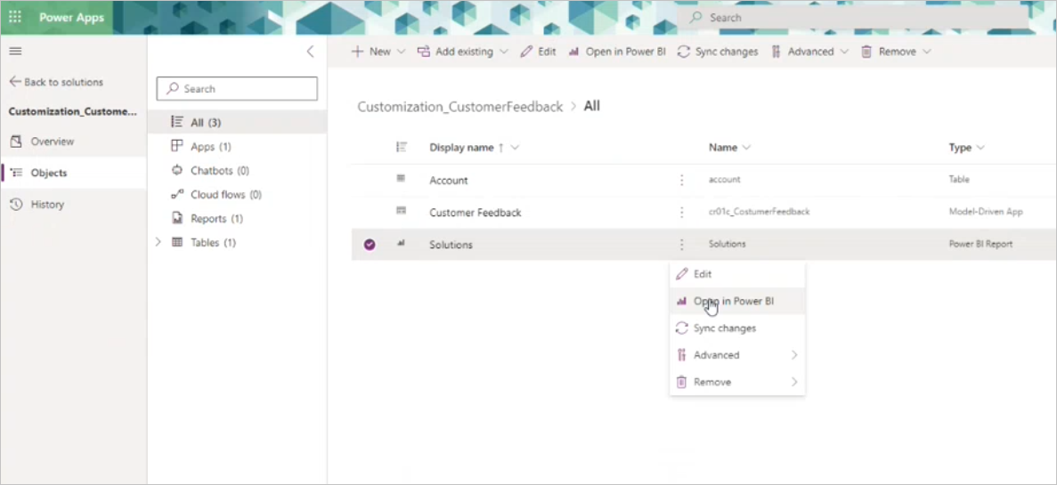 Screenshot showing how to open Power BI items in Power B I to start customizing.