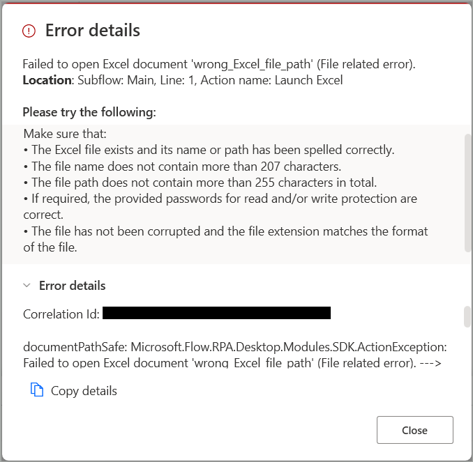 Screenshot of the error details dialog.