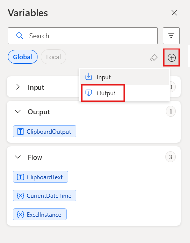 Screenshot of the button that creates a new output variable.