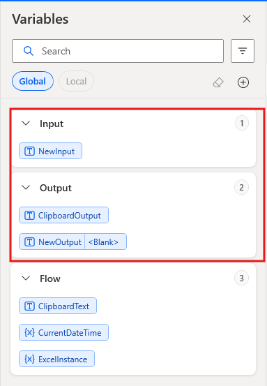 Screenshot of the variables pane's section that displays input and output variables.