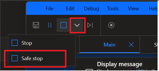 Screenshot of button to safe stop a desktop flow execution through the Power Automate for desktop designer.