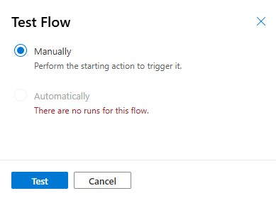Screenshot of the Test Flow pane in the Power Automate designer showing manual and automatic testing options.