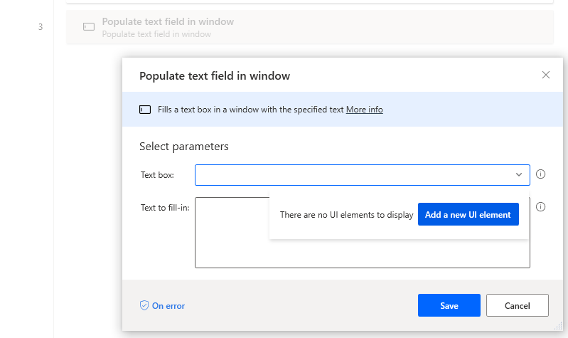 Screenshot of the Populate text field in window dialog with Add a new UI element button.