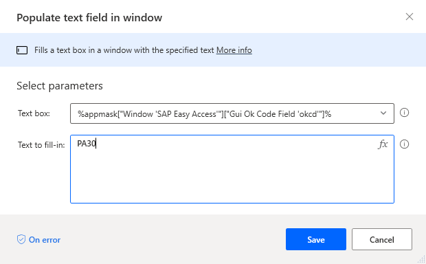 Screenshot of the Populate text field in window dialog with PA30 added in the Text to fill in box.