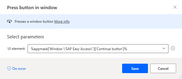 Screenshot of Press button in Window dialog with Continue button selected and Save highlighted.