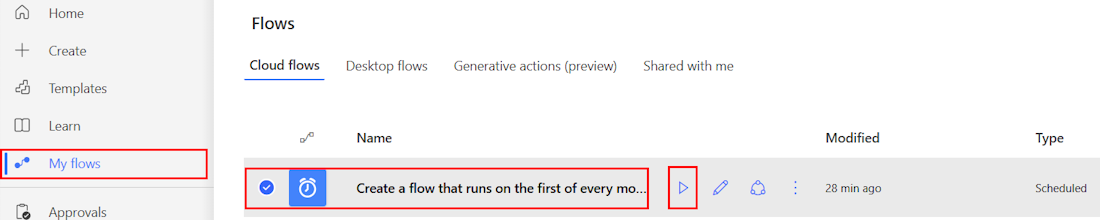 Screenshot of the 'Run' icon next to your cloud flow.
