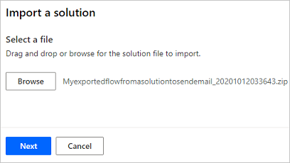 Screenshot of the 'Import a solution' dialog box.