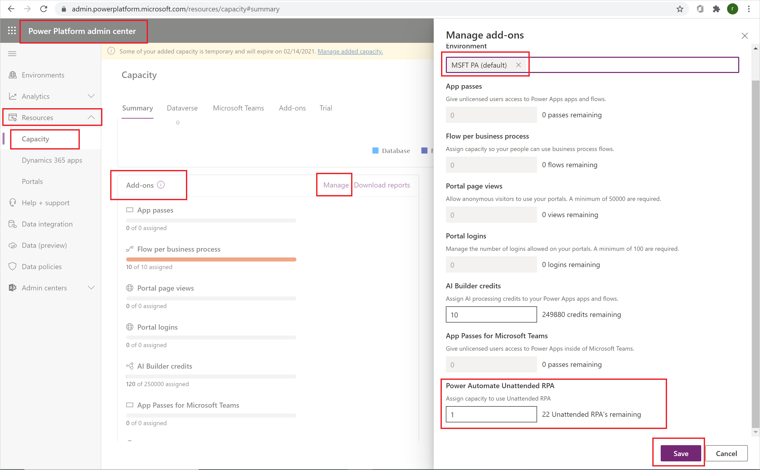 Screenshot of the Manage add-ons page in the Power Platform admin center, with highlighted fields.