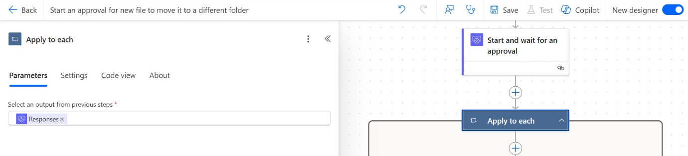 Screenshot of the 'Apply to each' action in the designer.