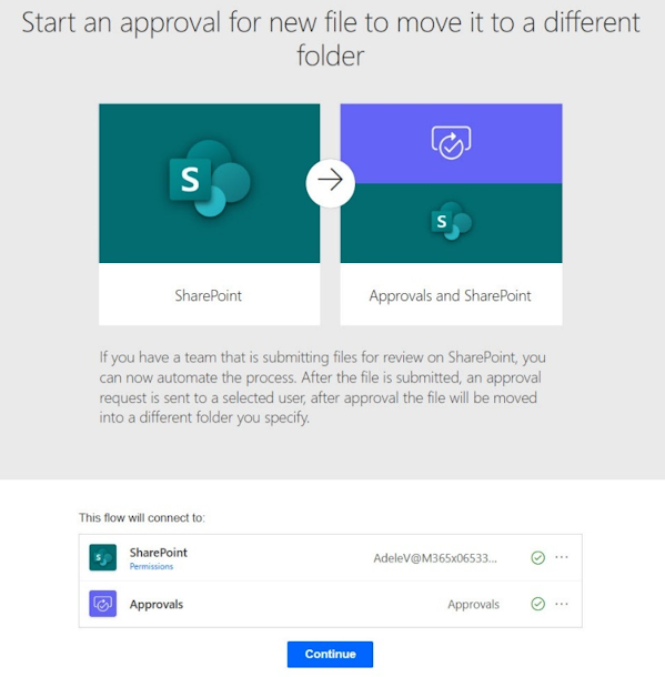 Screenshot of the 'Start an approval for new file to move it to a different folder' template in Power Automate.