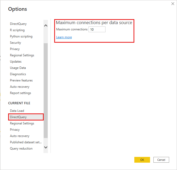 Screenshot that shows setting maximum DirectQuery connections.