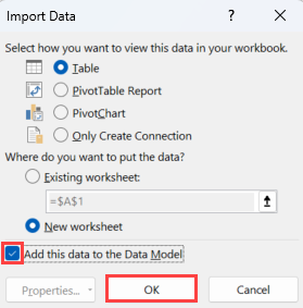 Screenshot that shows the Add this to the Data Model check box.