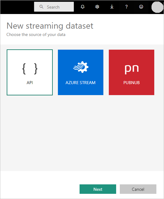 Screenshot of the New streaming semantic model choices, showing API, Azure Stream, and PubNub options.