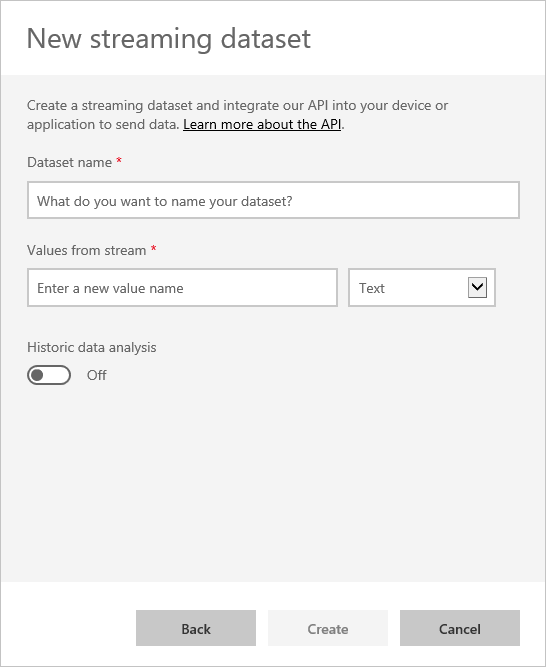 Screenshot of the New streaming dataset dialog, showing the Power BI REST API entries for a connection.